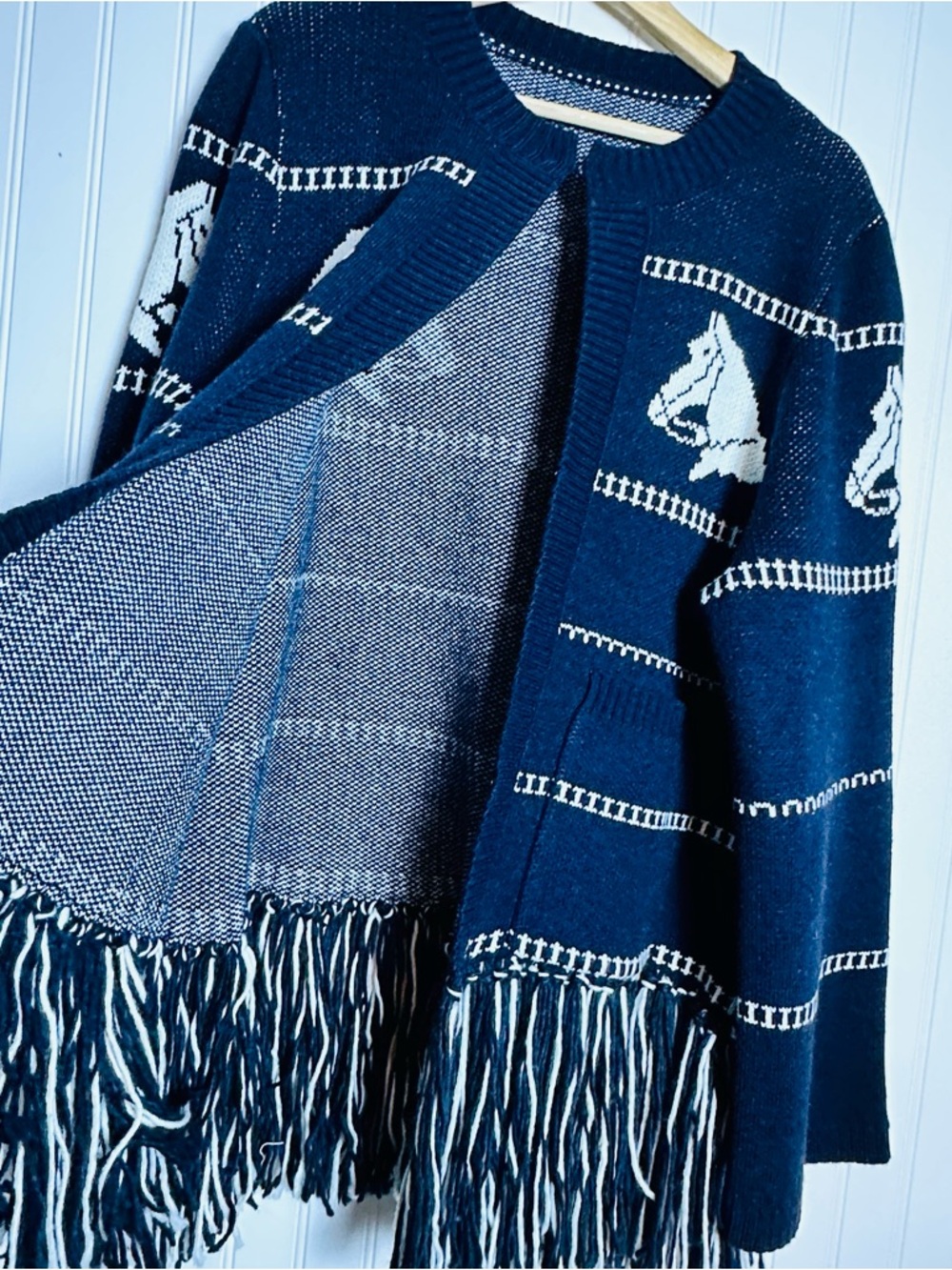 COMMENSE Horse-Pattern Wool Blend Fringe Cardigan XL - Picture 12 of 16